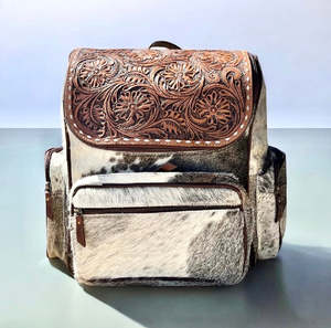 Wholesale Vintage Cowhide <b>Leather</b> <b>Backpack</b> with Handcrafted Floral-Tooled <b>Leather</b> Flap Zipper Closure <b>Large</b> Capacity - Product Image 1