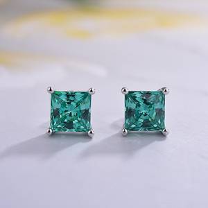 Teal Princess Cut Moissanite Stud <b>Earrings</b> Velaboo 925 Silver Minimalist Square <b>Earrings</b> Daily Wear <b>Fine</b> Jewelry Gift for Her - Product Image 3