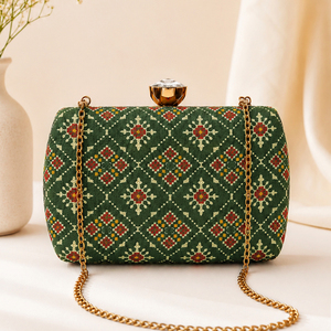 <b>Green</b> Ethnic <b>Clutch</b> <b>Bag</b> Designer Ethnic Handbag <b>for</b> Women <b>Wedding</b> and Festive Wear - Product Image 1