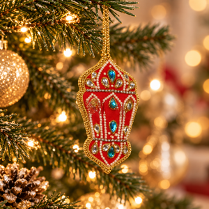 Ornements de Noël en tissu rouge brodés à la main avec des motifs personnalisés, taille standard, fabriqués par Stonecraft International Factory - Product Image 3