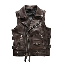 Gilet de motard en cuir de vachette perforé avec fermeture éclair croisée et plusieurs poches pour hommes OEM ODM