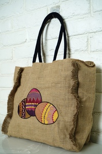 Sac fourre-tout bohème en jute avec motif de dessin animé brodé, fermeture ouverte, pour femme, usage quotidien printanier, écologique, à porter à l'épaule - Product Image 4