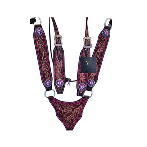 Western Horse Headstall & Breast Collar Set Dark Brown Hand Tooled Leather <b>Pink</b> Inlay Crystal Concho Tack - Product Image 3