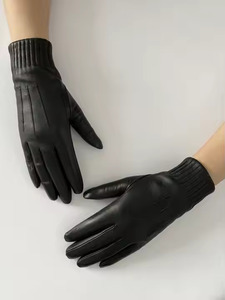 <b>Black</b> <b>Leather</b> Winter <b>Gloves</b> With Wool Lining Thermal Wrist Length Plain Style Daily Use - Product Image 5