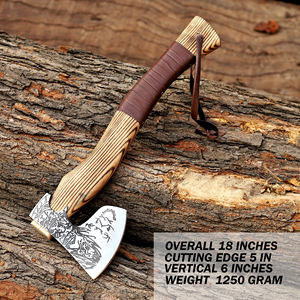 Hacha Vikinga de Acero al Carbono Forjada a Mano, Mango de Madera de Fresno Personalizado OEM, Hacha con Cuchilla Afilada y Funda de Cuero, Hacha para Camping y Bushcraft - Product Image 2