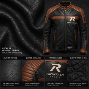 Chaqueta de Motociclista de Cuero Negra y Marrón para Hombre, Cuello Alto, Cierre de Cremallera, Estilo Motero, Diseño con Bloques de Color - Product Image 6