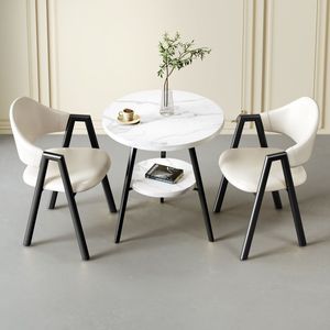 Modern Luxury Round Faux Marble Coffee <b>Table</b> with Double Tier and Black Metal Frame for Living Room Cafe Apartment - Product Image 3