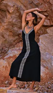 Women <b>Boho</b> Cotton Backless Maxi <b>Dress</b> Sleeveless Deep V Neck Ethnic Print Long <b>Summer</b> Beach <b>Dress</b> - Product Image 5