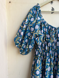 Vestido midi casual verde para mujer, con escote corazón, mangas abullonadas, estampado floral, tela de algodón, vestido largo maxi a precio de fábrica. - Product Image 3