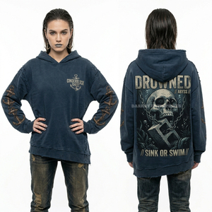 Sudadera con Capucha Azul Marino Vintage de 350GSM para Mujer, con Estampado de Ancla Náutica en la Manga, Gráfico de Calavera en el Abismo y Bordes Desgastados - Product Image 1