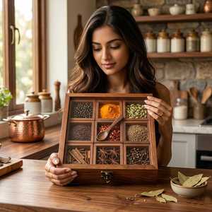 Export Quality Natural Wooden Masala <b>Box</b> with Removable Compartments for Spices <b>Herbs</b> Seasonings Kitchen Use Available For Sale - Product Image 3