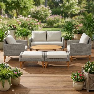 Contemporary PE Rattan <b>Outdoor</b> Patio Set with Teak <b>Table</b> and Olefin Cushions Solid Back Design Tapered Legs - Product Image 6