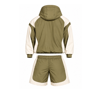 Mens Olive Green Nylon Quarter Zip <b>Hoodie</b> Shorts Set Contrast Panel Lightweight Athletic Gym Training <b>Running</b> Sports Outfit - Product Image 2