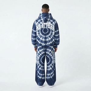 Conjunto de Sudadera con Capucha y Pantalones Tie Dye Azul Marino para Hombre, Sudadera con Cierre y Capucha, Pantalones Anchos con Detalle de Tachuelas, Traje Deportivo de Dos Piezas - Product Image 2