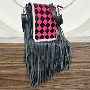 Trendy Hand <b>Tooled</b> Checkered <b>Leather</b> Crossbody Fringe Bag for Women Western Style Shoulder Purse Boho Cowgirl Fashion Accessory - Product Image 4