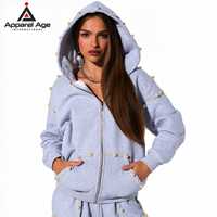 Ensemble de survêtement sportif deux pièces pour femme, personnalisé, avec sweat à capuche zippé surdimensionné brodé de perles et strass et pantalon de survêtement large