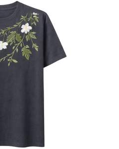 T-shirt Femme Noir Charbon Broderie Florale Coton Doux Col Rond Manches Courtes Décontracté Léger Confortable pour l'Été - Product Image 4