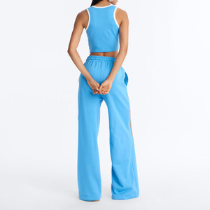 Custom Logo Women's <b>Blue</b> Striped Two Piece Sporty Set Sleeveless <b>Crop</b> <b>Top</b> Wide Leg Pants Breathable Activewear Spring Summer Set - Product Image 2