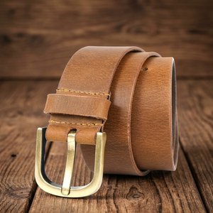 Ceinture décontractée pour homme en cuir véritable de haute qualité, finition lisse bronzée, avec boucle en laiton inoxydable. - Product Image 1