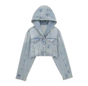 High Quality Winter Long Sleeve <b>Cropped</b> <b>Denim</b> <b>Jacket</b> Hood 100% Cotton Eco-Friendly Breathable Casual Streetwear Women - Product Image 1