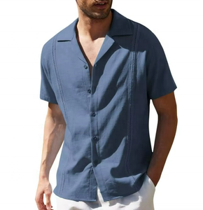 Chemise en lin décontractée pour homme, style cubain, couleur unie, manches courtes, chemise de plage, vêtements d'été - Product Image 3