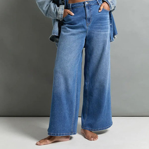 Jean en denim délavé de qualité supérieure pour femme, taille haute, coupe ample, jambe large, longueur intégrale, décontracté, en coton bleu, grandes tailles - Product Image 1