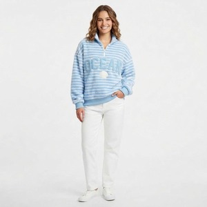 <b>Women's</b> Striped Coastline Print <b>Quarter</b>-<b>Zip</b> Sweatshirt Stand Collar Full Sleeve Nautical Style Spring Wear - Product Image 2