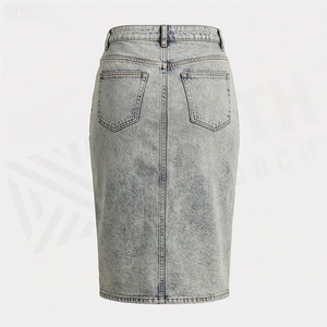 High Waist Women Denim Pencil Skirt Knee-Length Solid Color With Front Slit All Seasons Style - Product Image 2