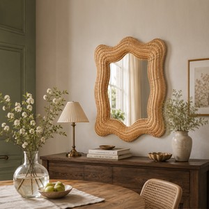 Handmade Scalloped Rattan Wall <b>Mirror</b> Irregular Shape Bohemian Decorative Rattan <b>Mirror</b> Natural Finish Home Decor from Vietnam - Product Image 2