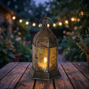 Hexagon <b>Metal</b> <b>Lantern</b> with Embossed Moroccan Design Durable Home Decoration Candle Holder - Product Image 2