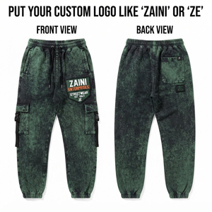 Pantalon cargo jogger premium 320 GSM en tissu peigné, tie-dye, délavé à l'acide, écologique, respirant, taille haute avec cordon de serrage, vert foncé, style utilitaire - Product Image 1