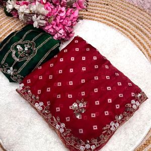 Sari en satin Bollywood haut de gamme et tendance avec imprimé numérique et pallu à sequins, et blouse non cousue par Royal Export - Product Image 1
