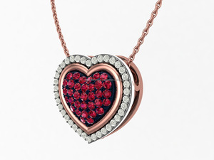 925 Sterling Silver <b>Double</b> Heart Pendant <b>Necklace</b> with Rhodium & Rose Gold Plating and Red Cubic Zirconia Stones - Product Image 6