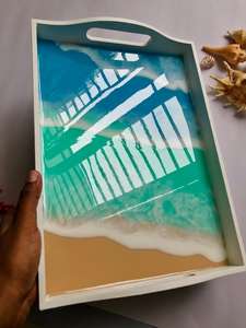 Plateau de service rectangulaire blanc en résine océanique, plateau de plage, décoration de maison de style côtier, œuvres d'art en résine époxy, cadeaux de pendaison de crémaillère - Product Image 5