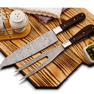 Ensemble de couteaux de chef en acier damas forgé à la main de qualité supérieure, 2 pièces, motif unique avec manche en bois, fourchette à viande, outils de cuisine et de barbecue - Product Image 1