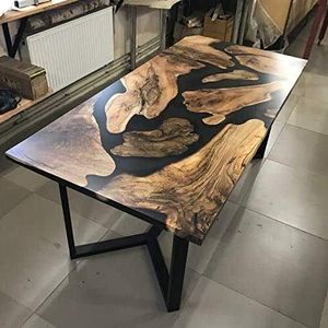 Mesa de Comedor Rectangular Moderna Hecha a Mano con Bordes Naturales de Madera y Resina Negra, con Patas de Metal, para 6 Personas, Muebles para Comedor - Product Image 1