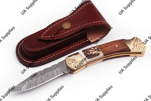 มีดพับด้ามไม้แกะสลักลายเขากวางทองเหลือง พร้อมใบมีดเหล็กดามัสกัสคมกริบ สำหรับตั้งแคมป์กลางแจ้ง บรรจุในซองหนัง รับผลิตแบบ ODM - Product Image 2