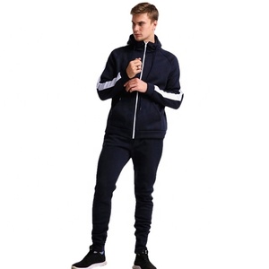 Survêtement décontracté 2 pièces personnalisable pour hommes, ensemble de logos brodés en tissu polaire à rayures et coupe régulière avec capuche zippée de grande taille - Product Image 3