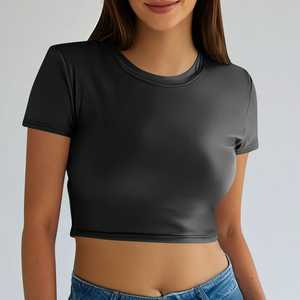 Camiseta Corta Ajustada de Algodón Elástico con Canalé para Mujer, Estilo Urbano, Casual de Verano, Fabricación a Granel - Product Image 2