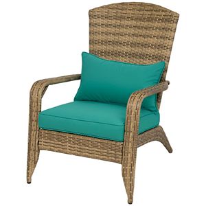 Sedia da Patio Adirondack Blu Cielo in Rattan Intrecciato con Schienale Alto Curvo e Cuscini Morbidi per Appartamento, Terrazza, Giardino, Impilabile - Product Image 1
