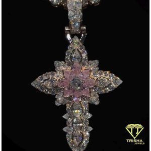 Pendentif Croix de Luxe en Moissanite et Diamant, Argent Sterling 925, Centre Fleur Rose, Bijou Tendance Sertie de Pierres - Product Image 2