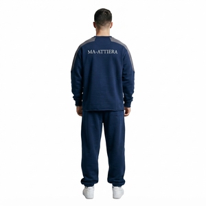 Men Navy Crewneck Sweatshirt <b>Jogger</b> Pants <b>Set</b> Contrast Shoulder Panels Casual Streetwear <b>Matching</b> Clothes - Product Image 2