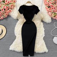 Robe pull tricotée coréenne écologique pour femme, coupe ajustée, manches courtes, couleur unie, style bohème, moulante aux hanches, longueur midi, décontractée