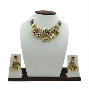 Traditional gold necklace <b>set</b> with intricate temple design <b>beads</b> multicolor accents and matching earrings for festive wedding - Product Image 2