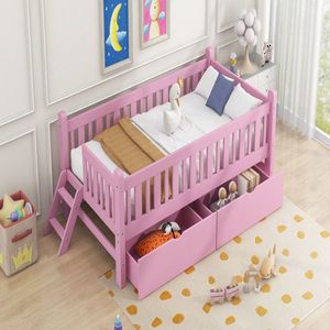 Lit plateforme moderne rose pour enfant, taille double, avec barrière de sécurité et 2 tiroirs, en bois de pin et MDF, pour chambre ou villa - Product Image 6