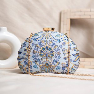 Baby Blue Floral Moon <b>Clutch</b> Bag Designer Party Handbag for Women <b>Wedding</b> Occasions - Product Image 1