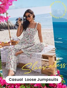 Mono sin tirantes con estampado floral para mujer, transpirable, de cintura alta, estilo bohemio, largo completo, de rayón, holgado, para primavera, verano y playa - Product Image 6