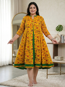 Conjuntos de Algodón Elástico con Estampado Floral para Mujer, Talla Grande, Vestido Anarkali de Maternidad, Mangas 3/4, Cuello Mandarín, Color Mostaza, Corte Acampanado - Product Image 2