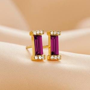 Amethyst Baguette <b>Dangle</b> <b>Earrings</b> 925 Sterling <b>Silver</b> 14K Gold Plated Cute Anniversary Purple Crystal Birthstone - Product Image 4