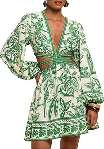 Vestido mini sexy de mujer con cuello en V, manga farol, estampado floral tropical, espalda con lazo y corte en A, de tela tejida, ideal para discoteca. - Product Image 1